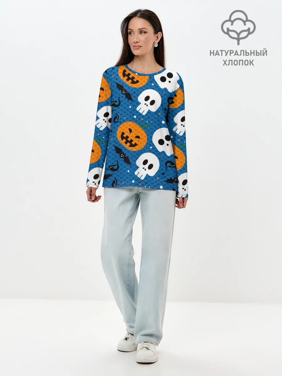 Лонгслив женский. Хлопок / ЧЕРЕПА И ТЫКВЫ | HALLOWEEN