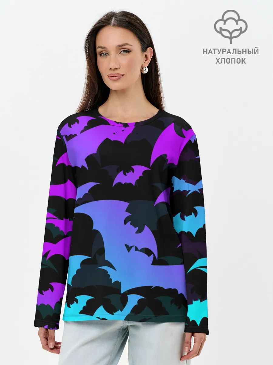 Лонгслив женский. Хлопок / ЛЕТУЧИЕ МЫШИ ХЕЛЛОУИН НЕОН / HALLOWEEN NEON