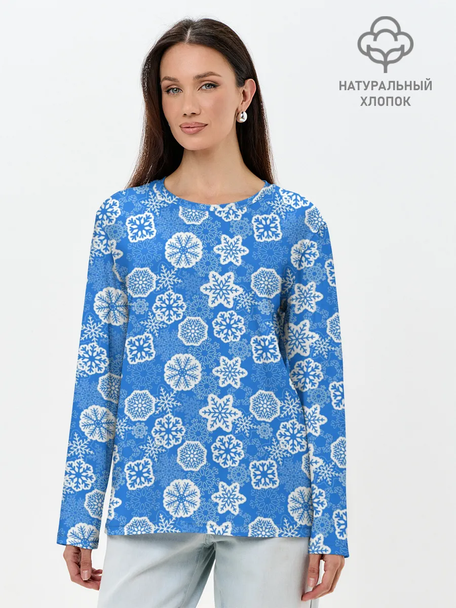 Лонгслив женский. Хлопок / Снежные Новогодние Узоры