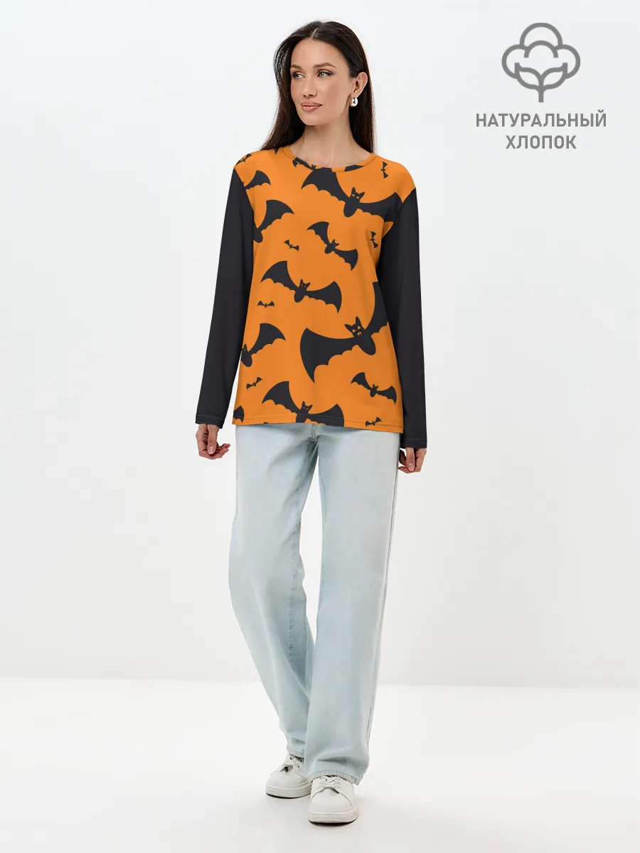 Лонгслив женский. Хлопок / ЛЕТУЧАЯ МЫШЬ В ДЕНЬ ХЭЛЛОУИНА
