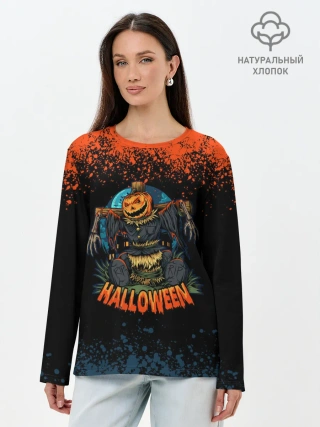 Лонгслив женский. Хлопок / ПУГАЛО ИЗ ТЫКВЫ | HALLOWEEN