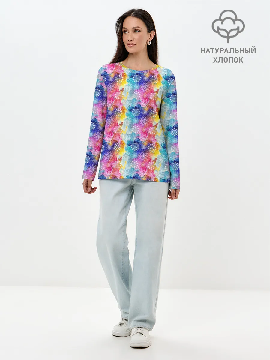 Лонгслив женский. Хлопок / Радужные Снежные Узоры