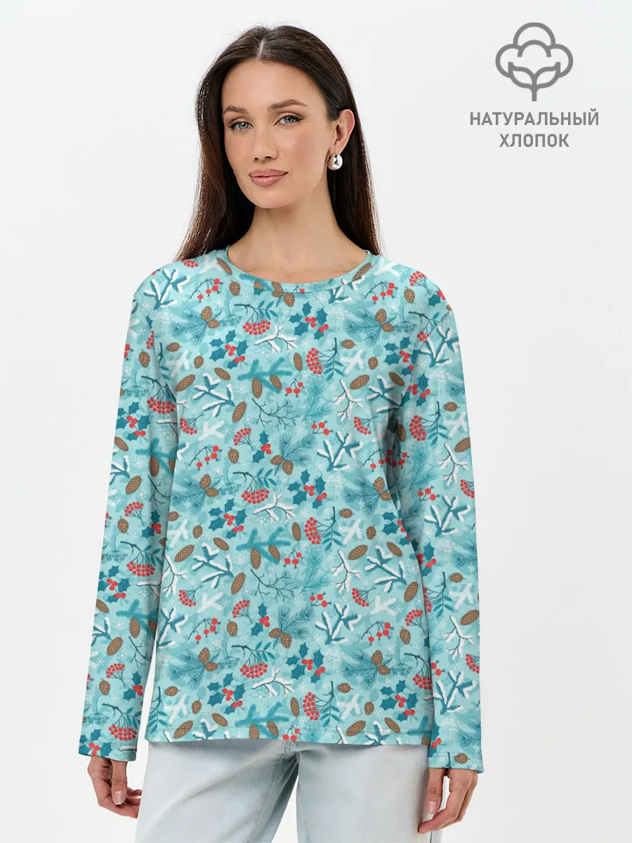 Лонгслив женский. Хлопок / Зимний Лесной Пейзаж