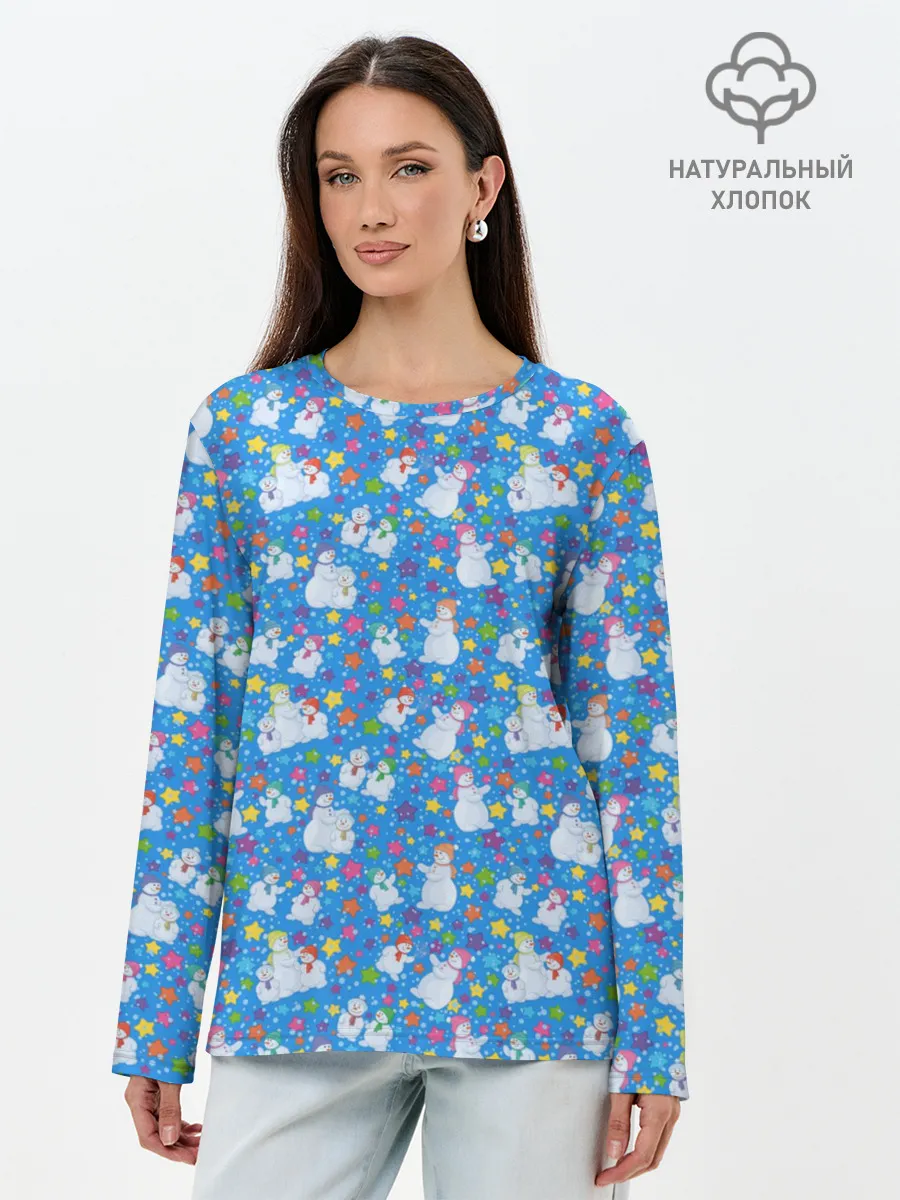 Лонгслив женский. Хлопок / Снеговики и Звёздочки
