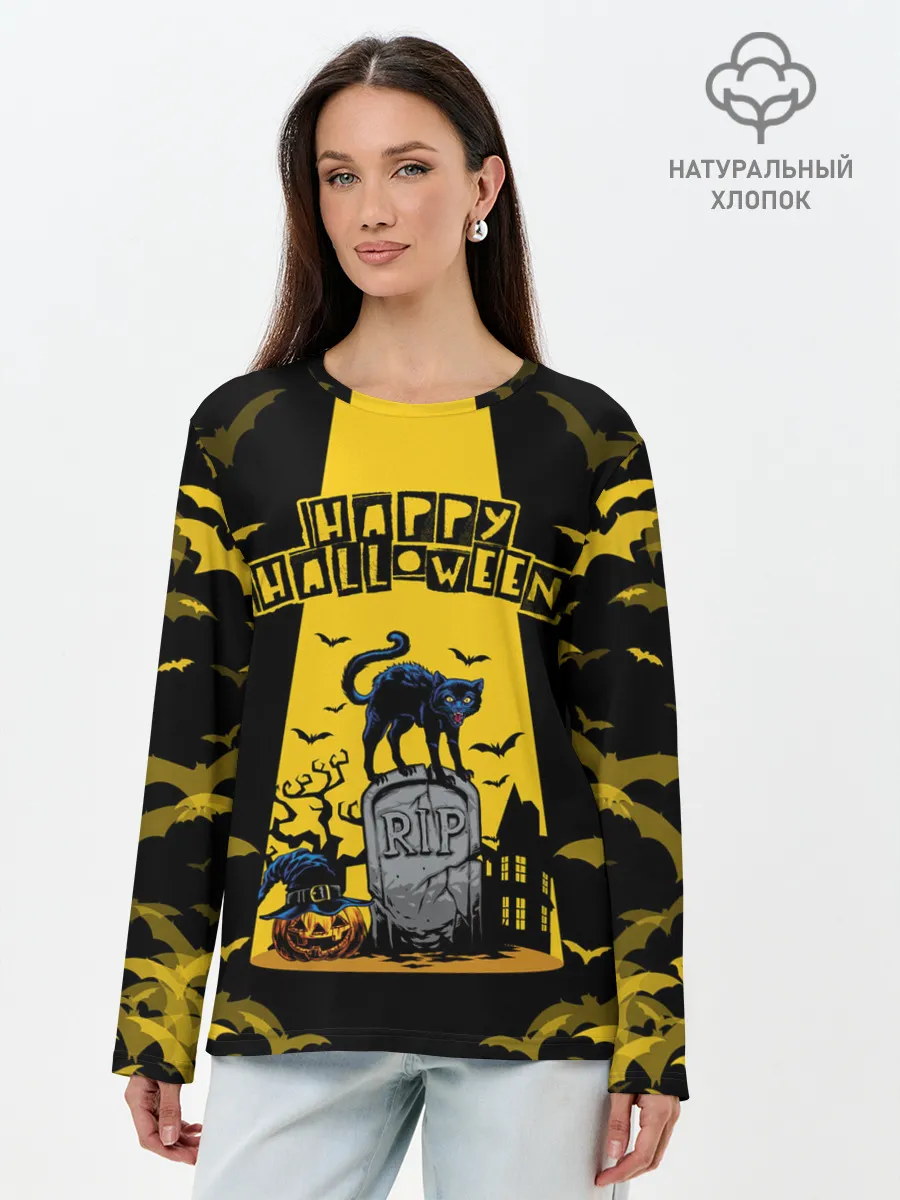 Лонгслив женский. Хлопок / КОТ НА КЛАДБИЩЕ | ХЕЛЛОУИН