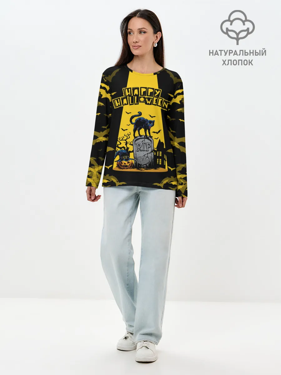 Лонгслив женский. Хлопок / КОТ НА КЛАДБИЩЕ | ХЕЛЛОУИН