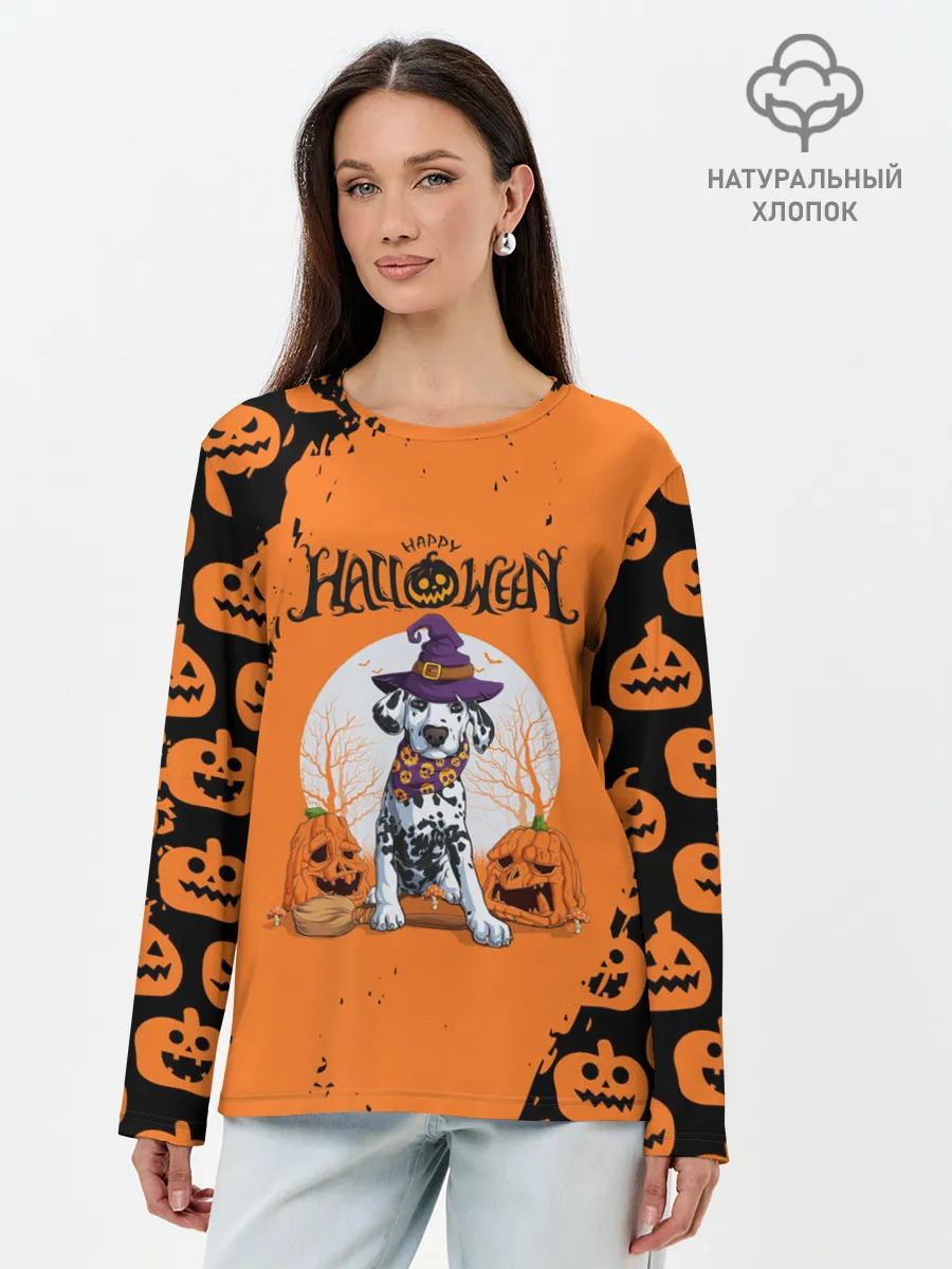 Лонгслив женский. Хлопок / Далматинец в шляпе | Хэллоуин