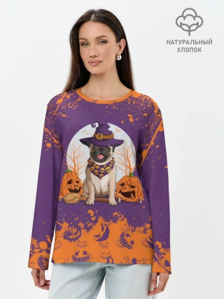 Лонгслив женский. Хлопок / МОПС НА ХЭЛЛОУИН