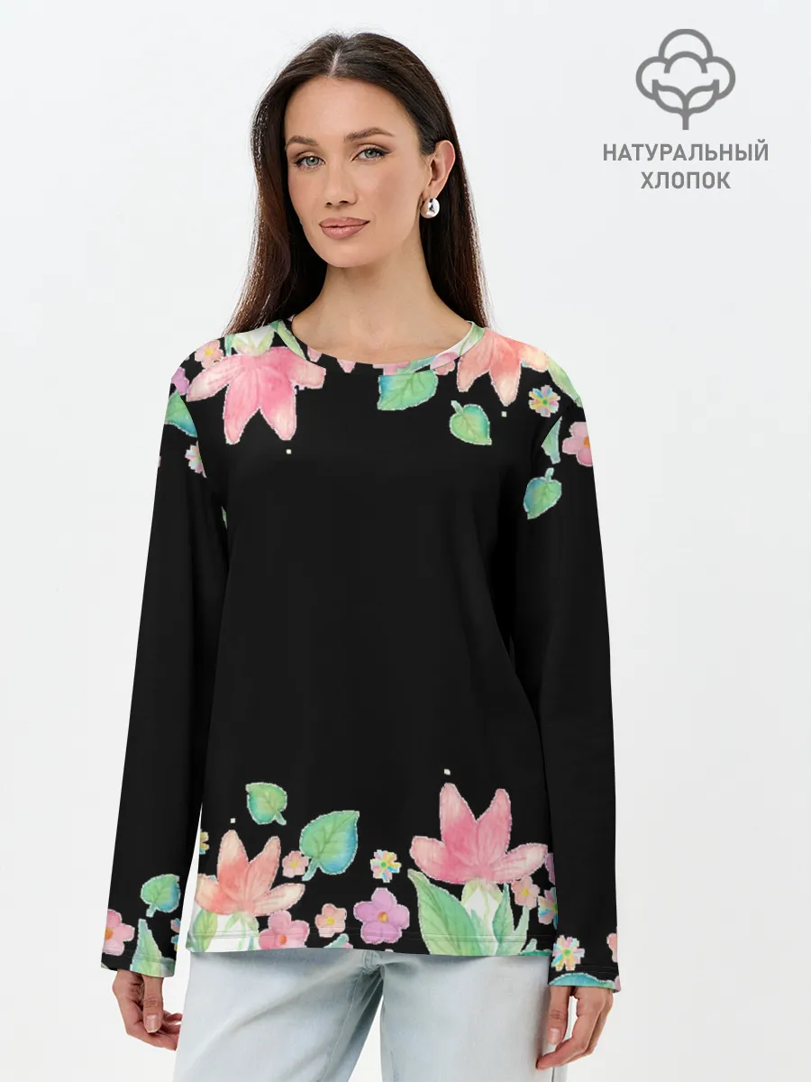 Лонгслив женский. Хлопок / Рамка из розовых и зеленых листьев