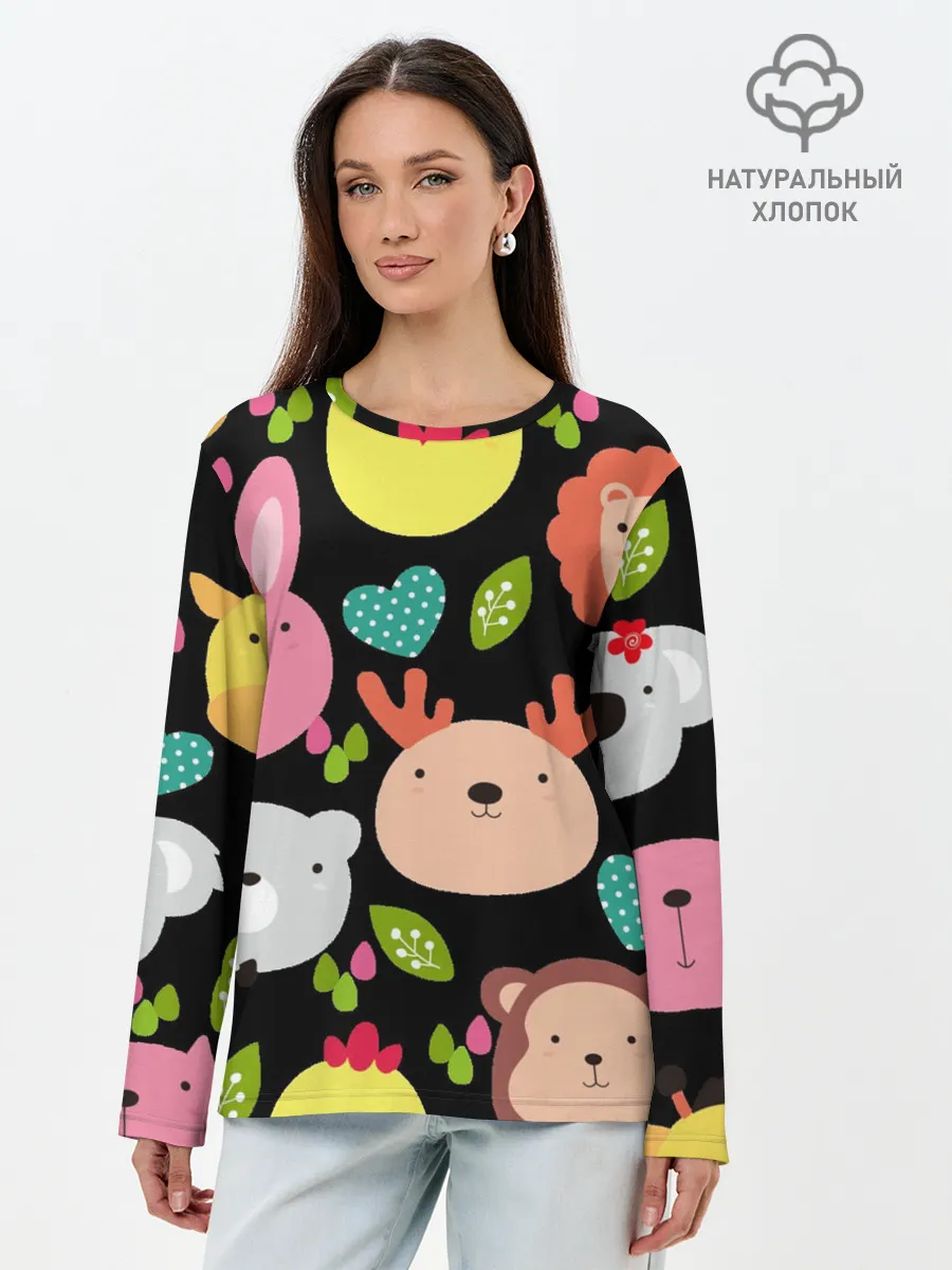 Лонгслив женский. Хлопок / Головы милых животных