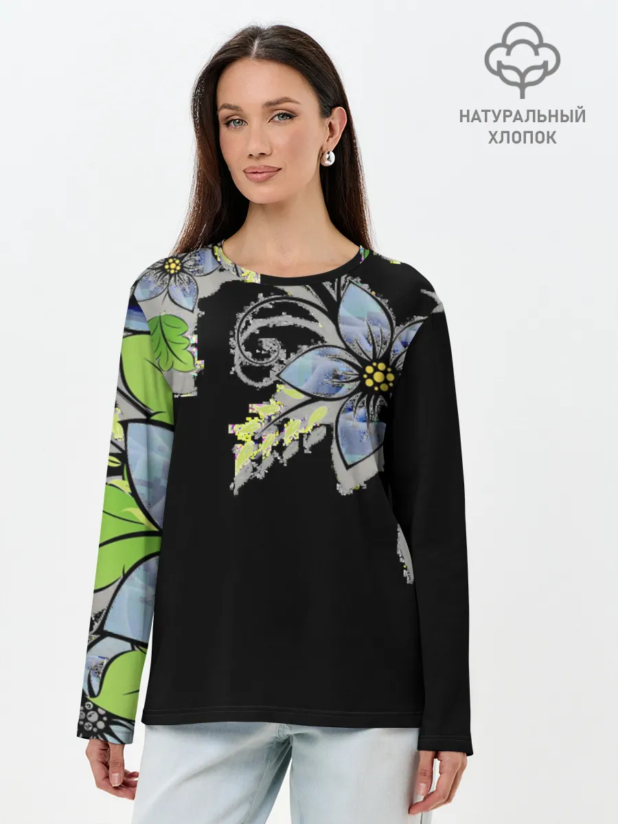 Лонгслив женский. Хлопок / Цветочная композиция с бабочками