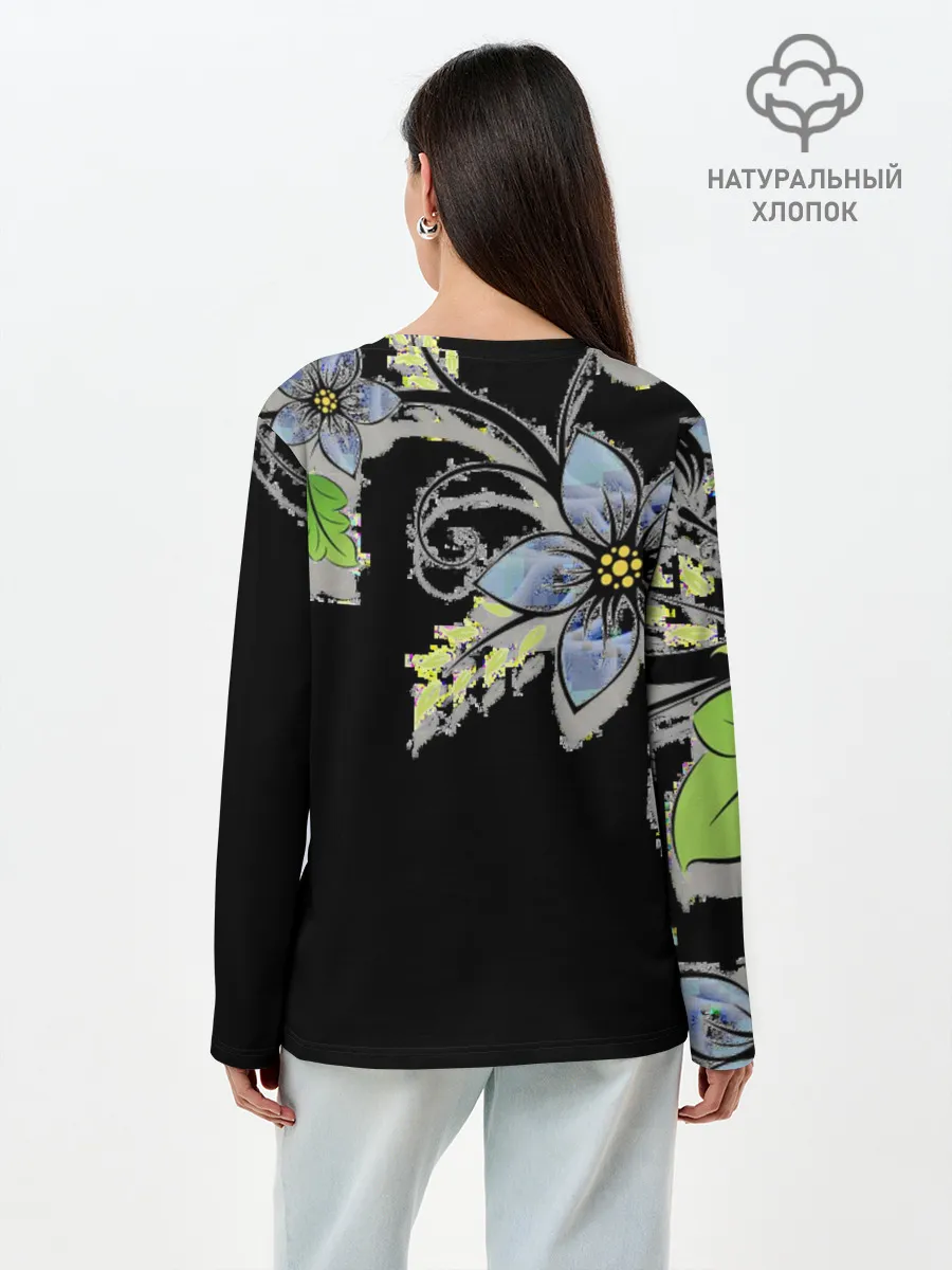 Лонгслив женский. Хлопок / Цветочная композиция с бабочками