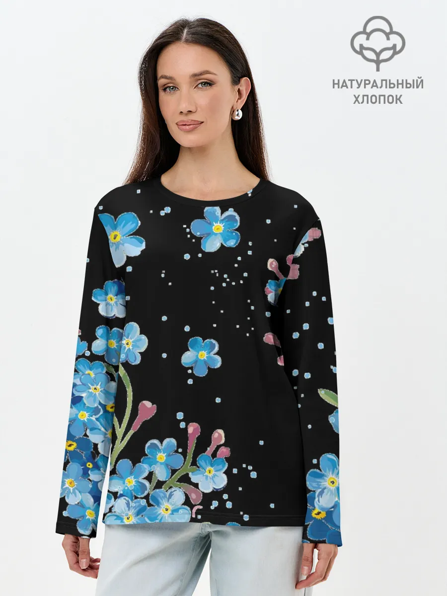 Лонгслив женский. Хлопок / Букет голубых цветов