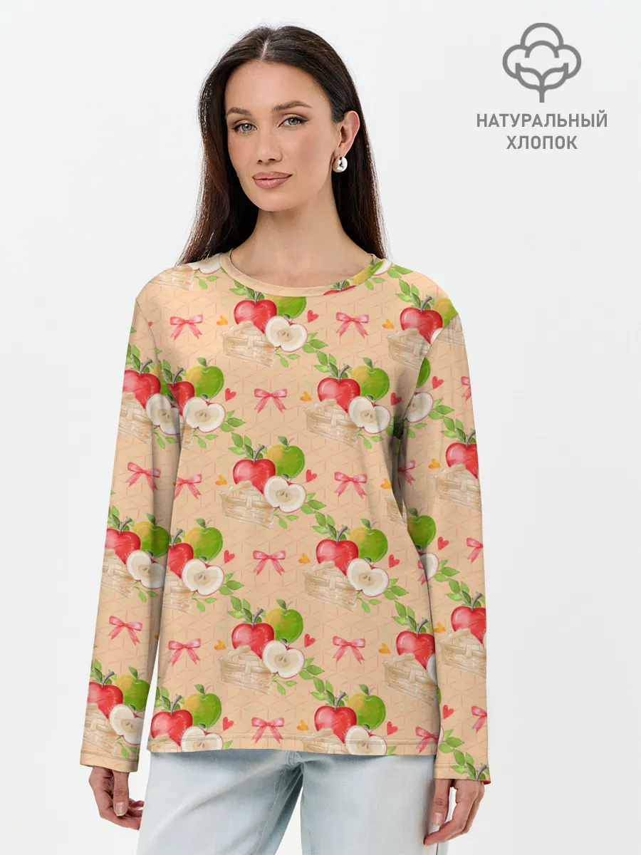 Лонгслив женский. Хлопок / Яблоки паттерн