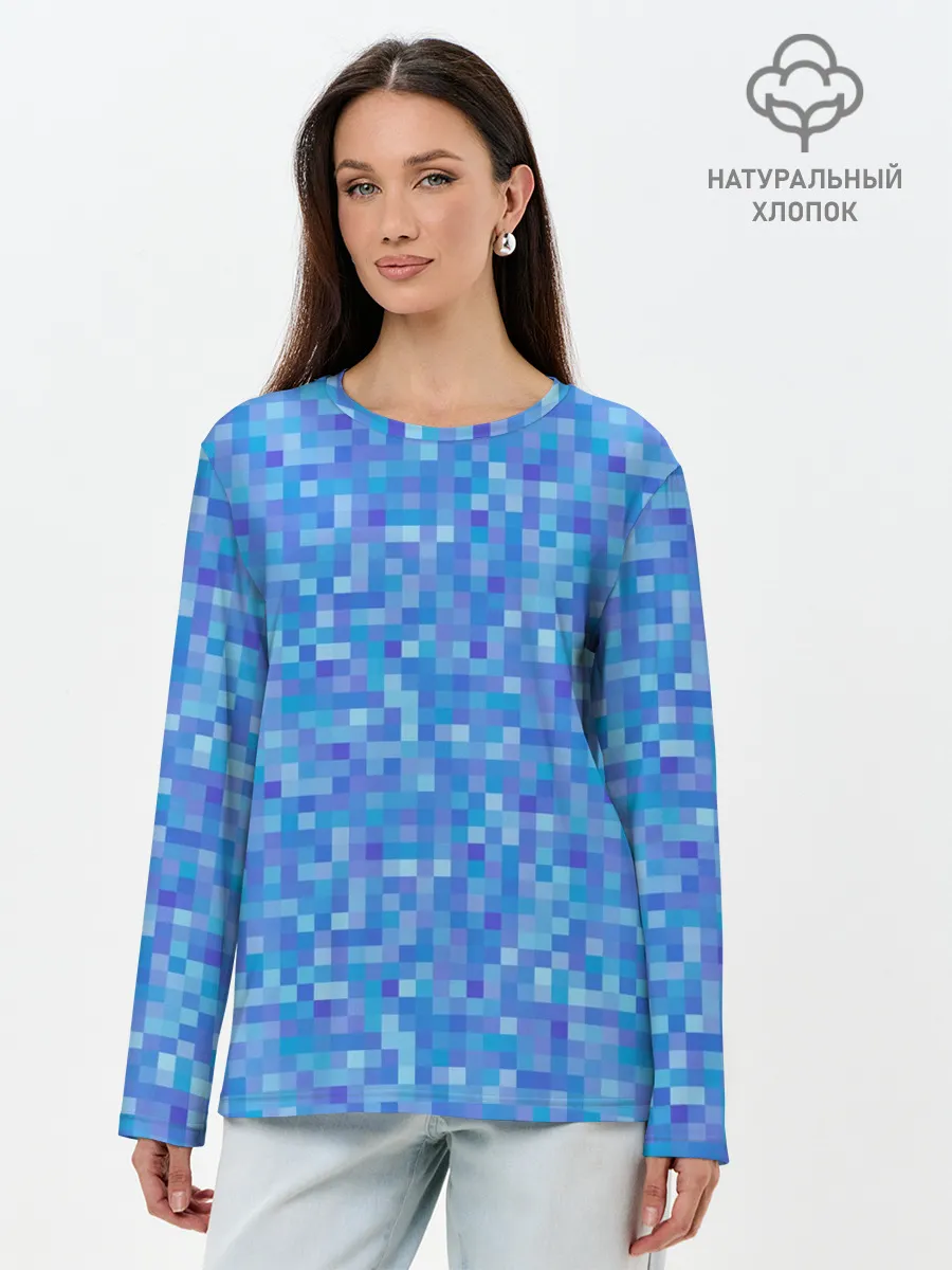 Лонгслив женский. Хлопок / Голубая пиксель абстракция