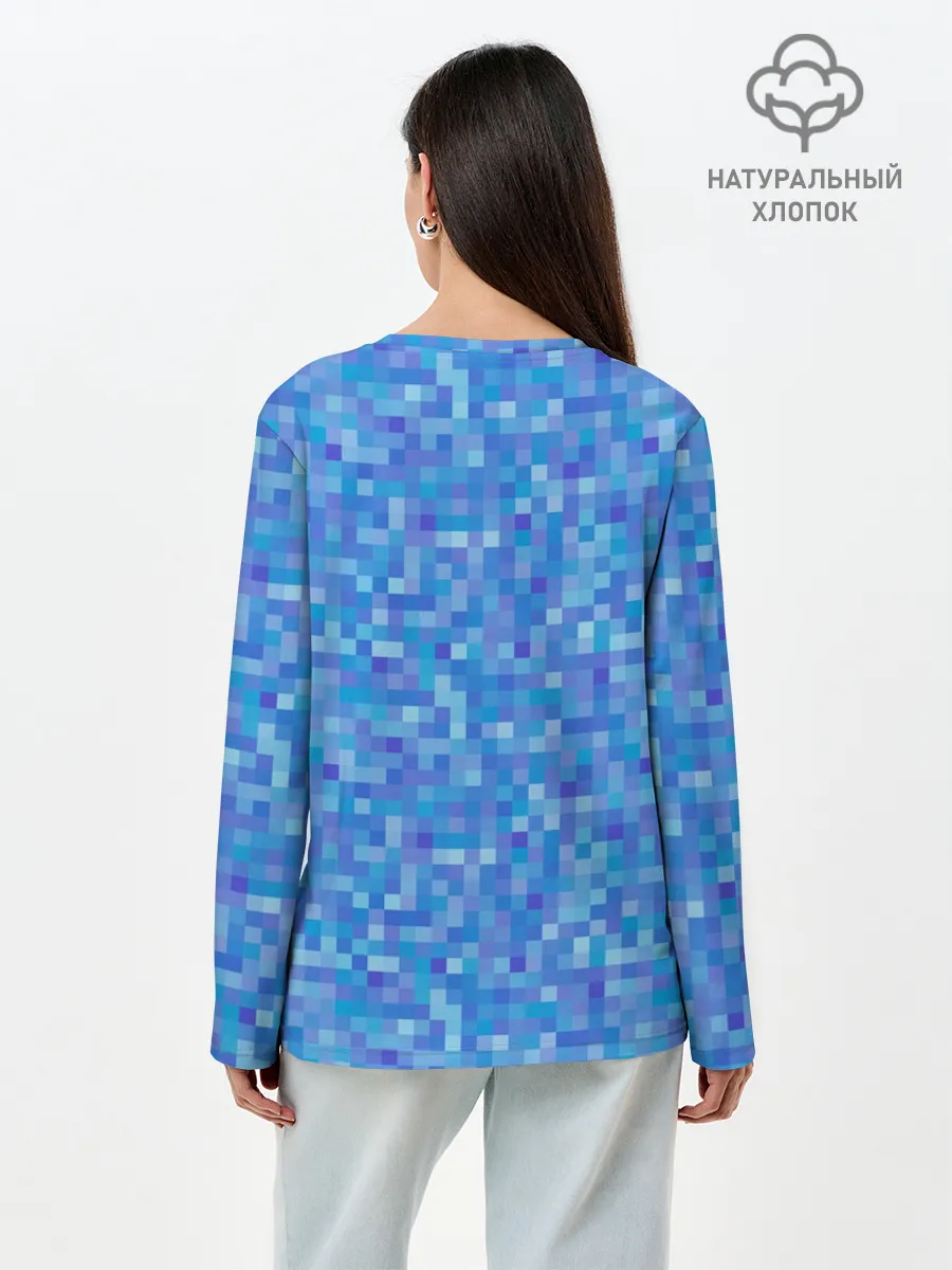 Лонгслив женский. Хлопок / Голубая пиксель абстракция