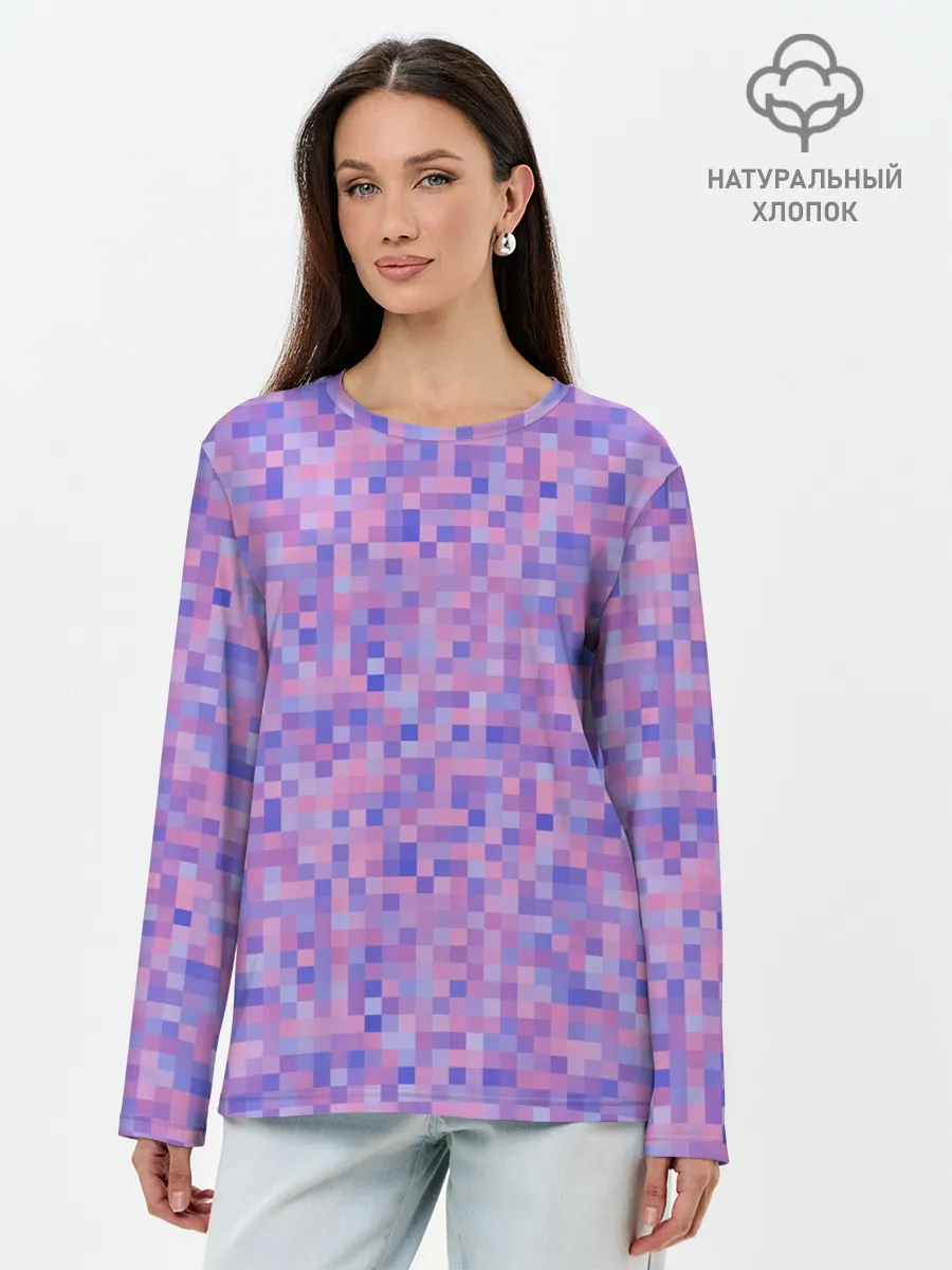 Лонгслив женский. Хлопок / Сиреневая пиксельная абстракция