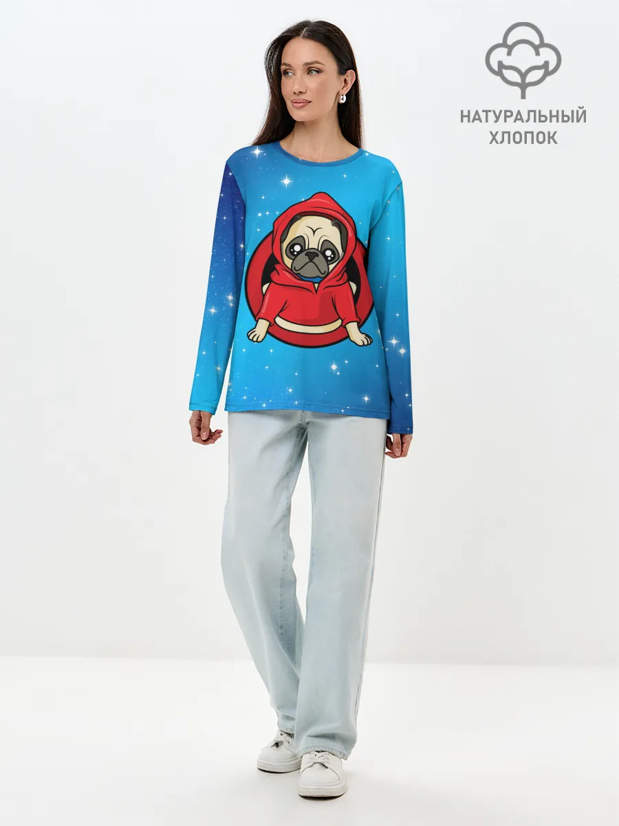 Лонгслив женский. Хлопок / Мопс в толстовке