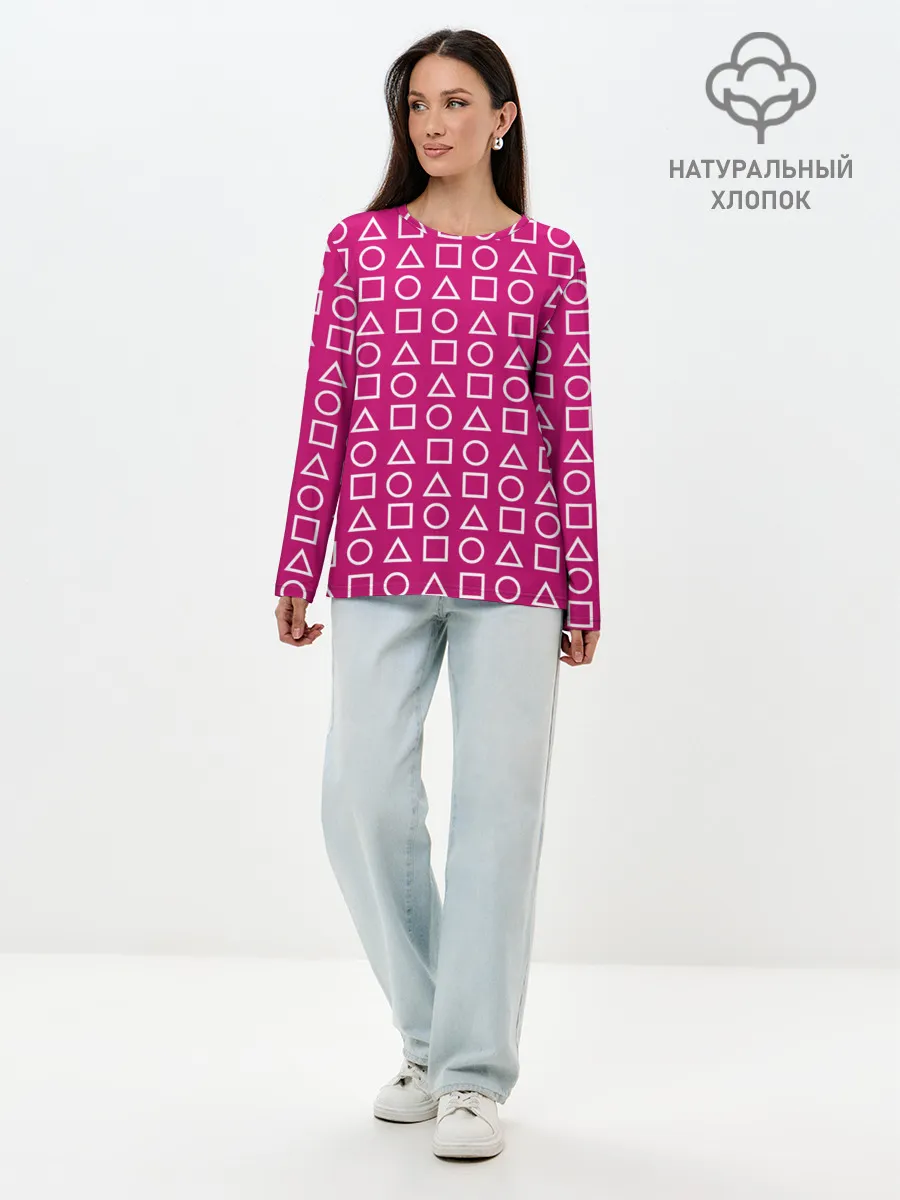 Лонгслив женский. Хлопок / ИГРА В КАЛЬМАРА ПАТТЕРН ФИГУРЫ СТРАЖЕЙ