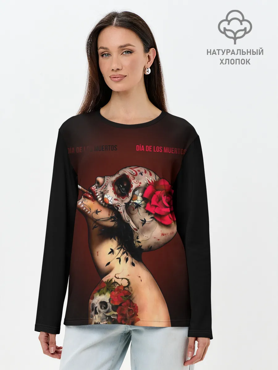Лонгслив женский. Хлопок / Ведьма с красной розой