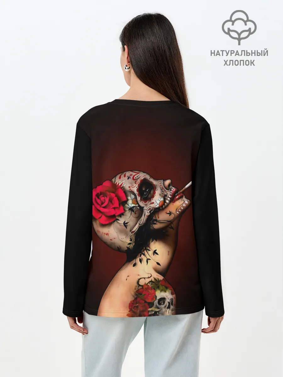 Лонгслив женский. Хлопок / Ведьма с красной розой