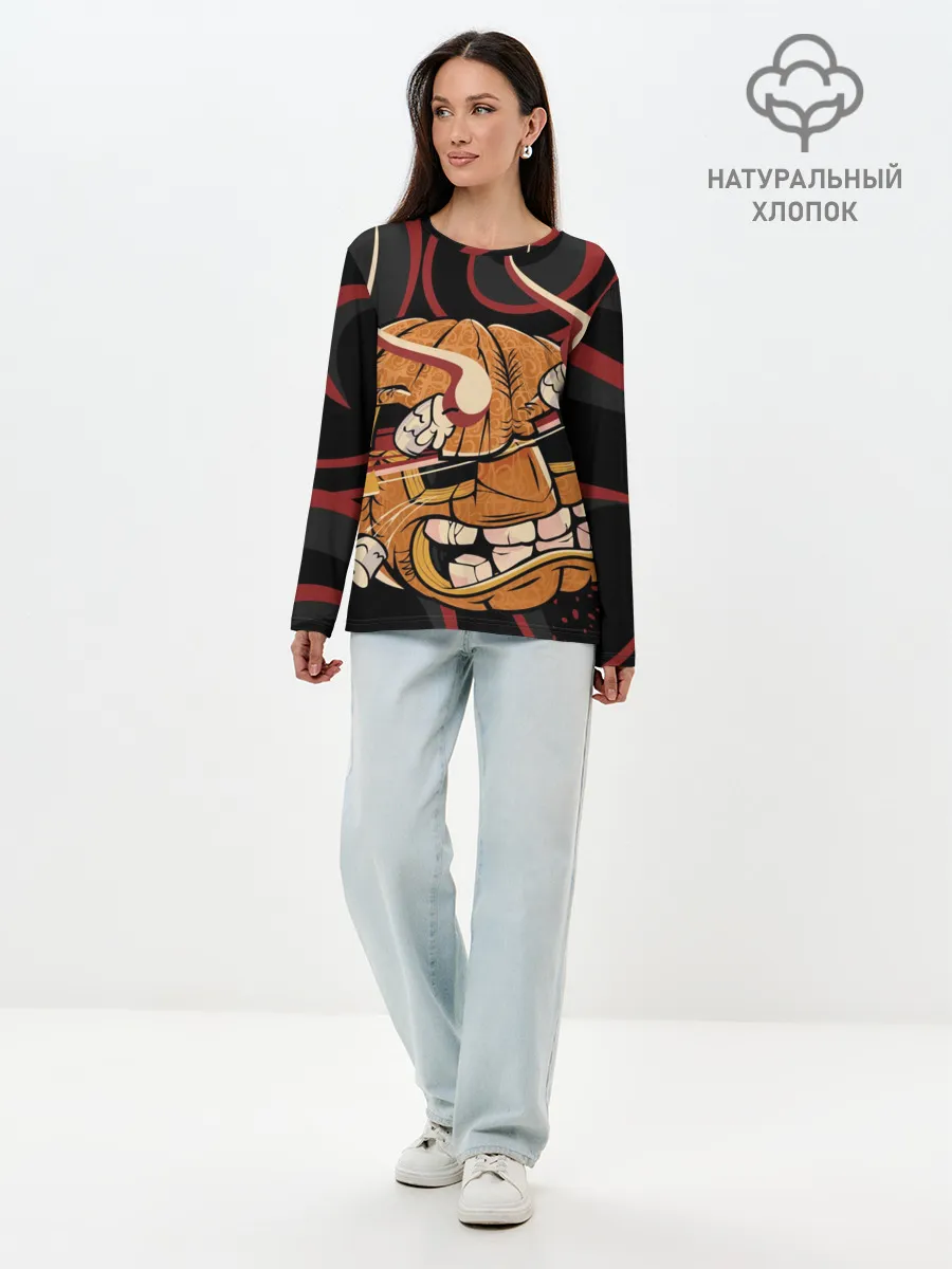 Лонгслив женский. Хлопок / Хеллоуинская тыква-хання