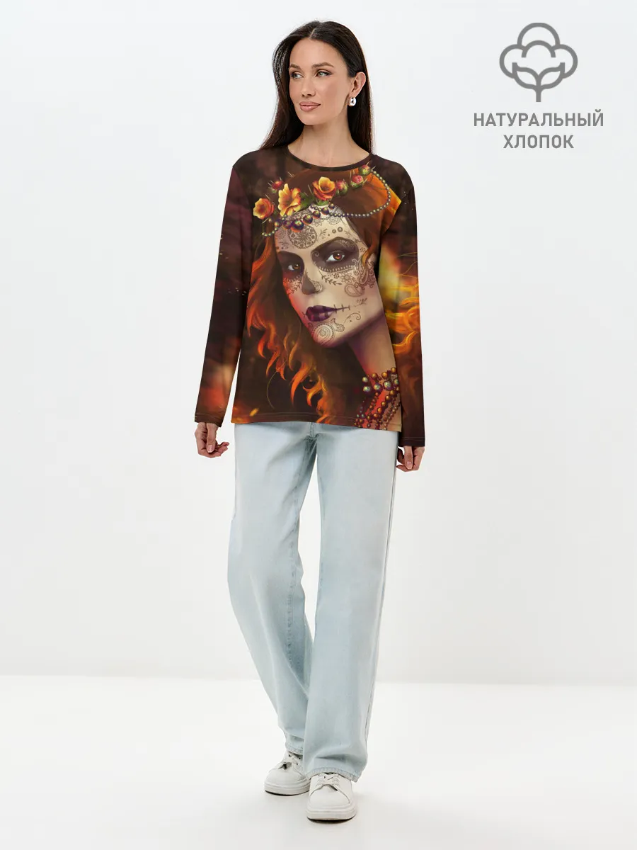 Лонгслив женский. Хлопок / Рыжая Ведьма с розами
