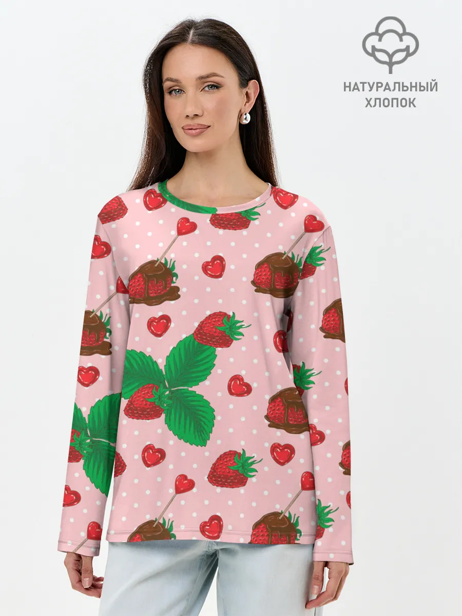 Лонгслив женский. Хлопок / Клубника в шоколаде