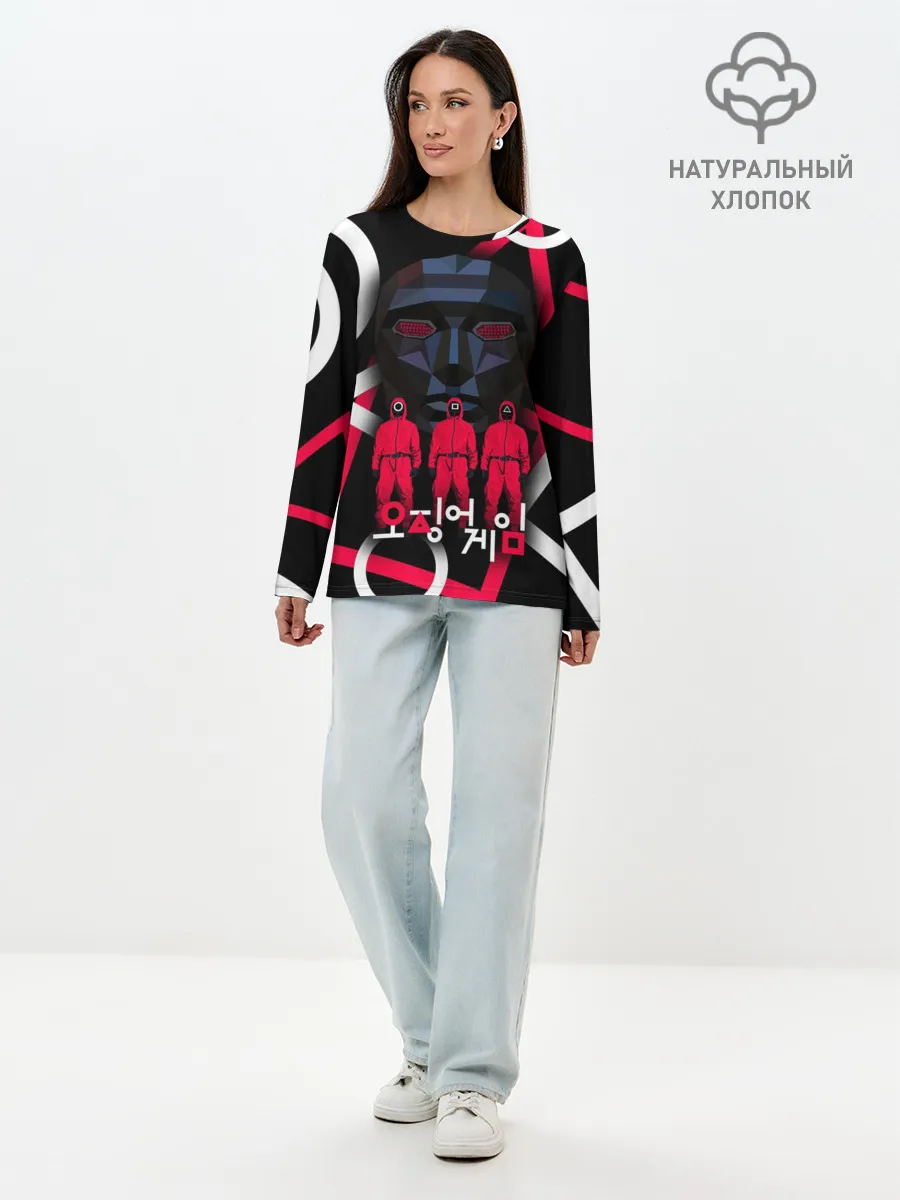 Лонгслив женский. Хлопок / Игра в кальмара -маска ведущего