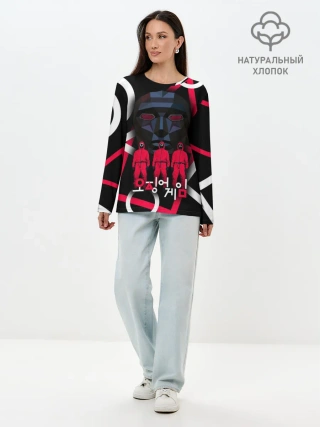 Лонгслив женский. Хлопок / Игра в кальмара -маска ведущего