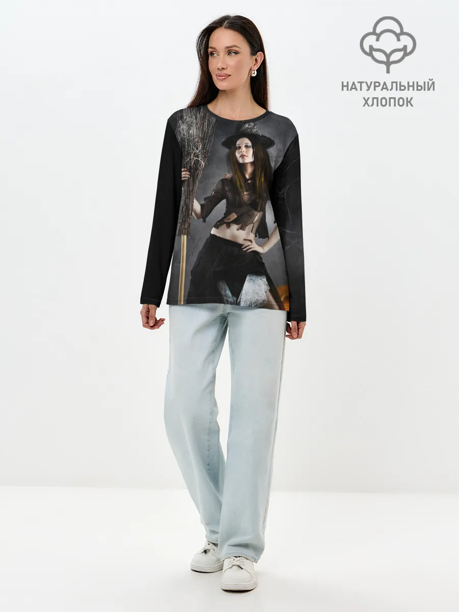 Лонгслив женский. Хлопок / Милая ведьма с метлой