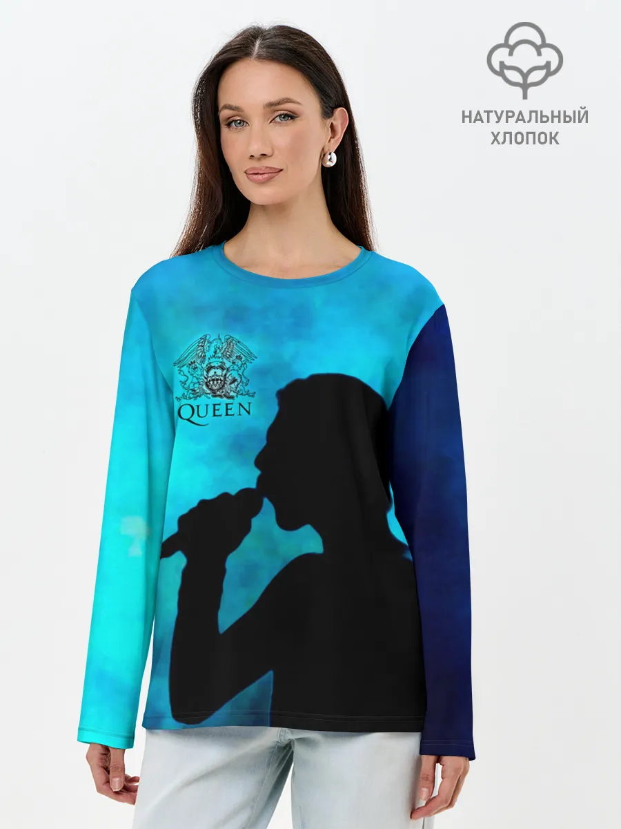 Лонгслив женский. Хлопок / Силуэт Фредди Меркьюри группа Queen