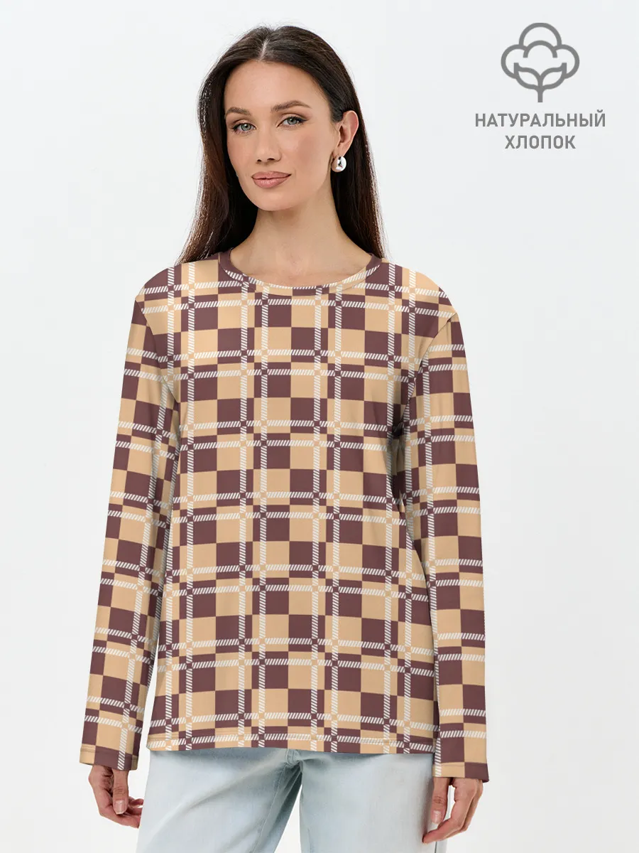 Лонгслив женский. Хлопок / Коричневые и бежевые квадраты с линями