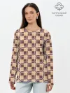 Лонгслив женский. Хлопок / Коричневые и бежевые квадраты с линями