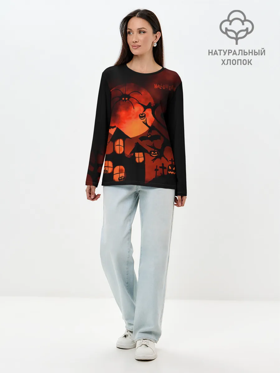 Лонгслив женский. Хлопок / Красная луна на Хэллоуин