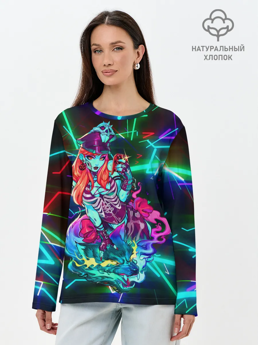 Лонгслив женский. Хлопок / Неоновая ведьма с волком