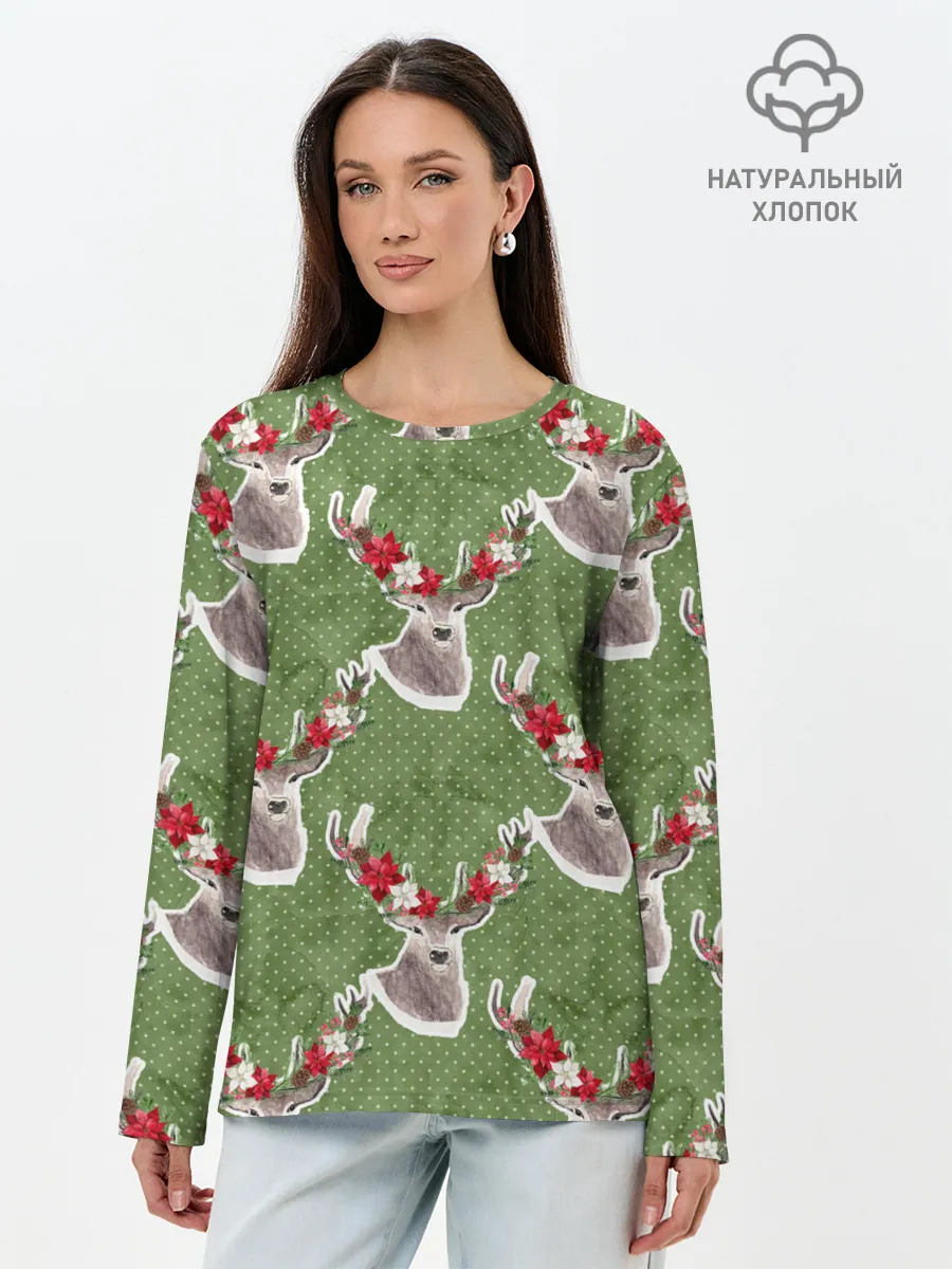 Лонгслив женский. Хлопок / Новогодние олени 2022