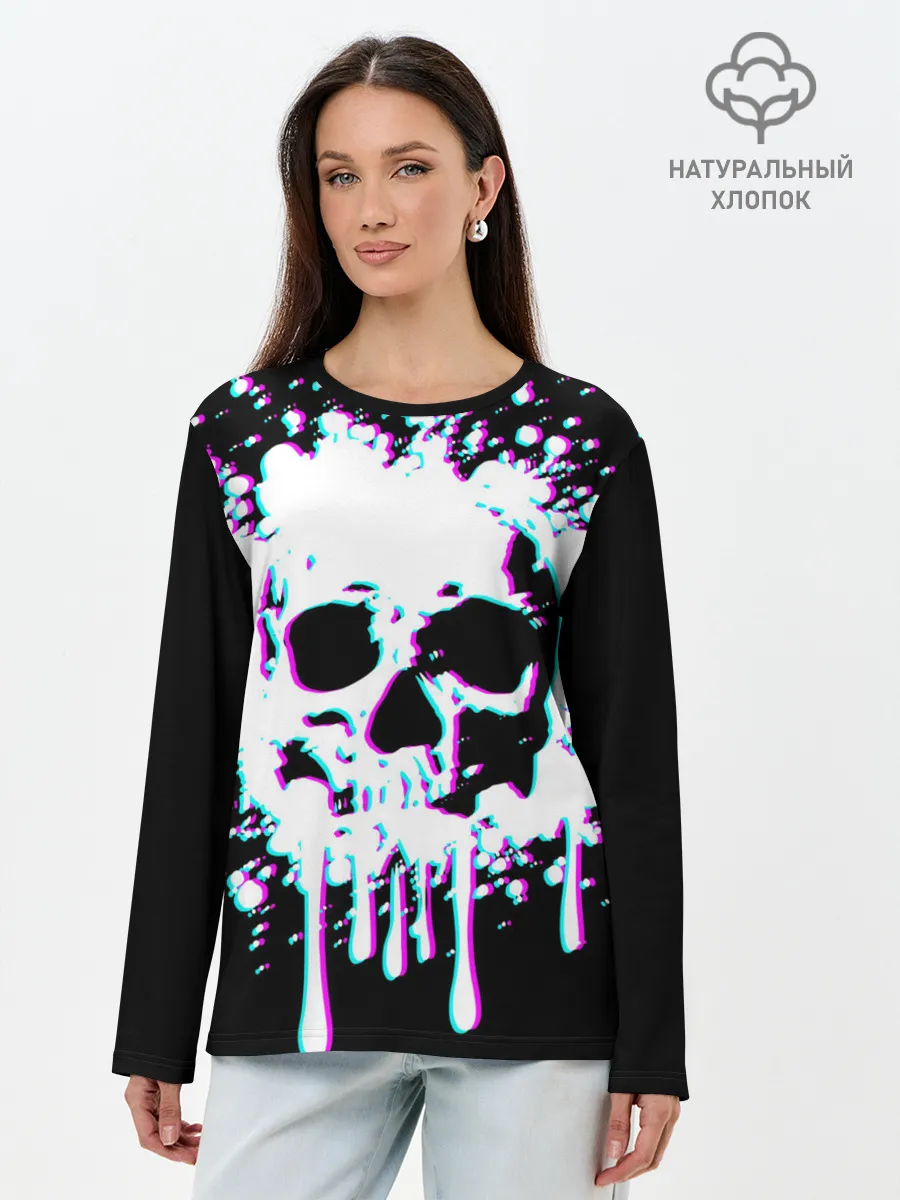 Лонгслив женский. Хлопок / Мерцающий череп