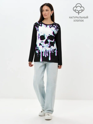 Лонгслив женский. Хлопок / Мерцающий череп