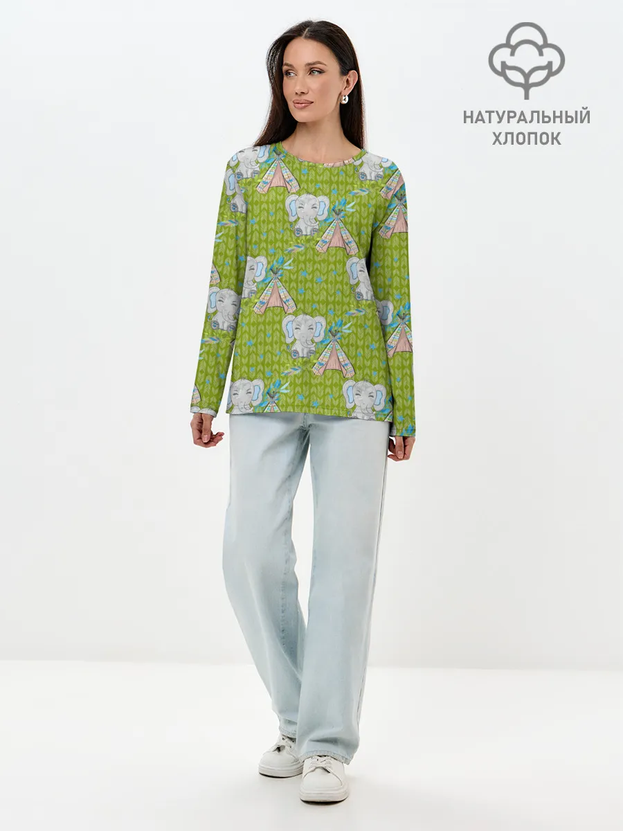 Лонгслив женский. Хлопок / Слоник и вигвам