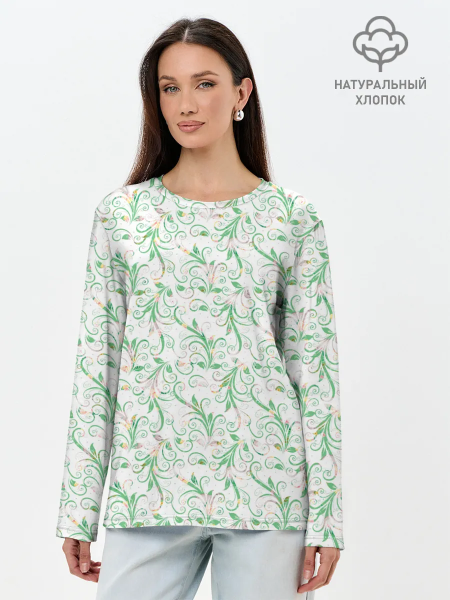 Лонгслив женский. Хлопок / Весенние узоры из листьев