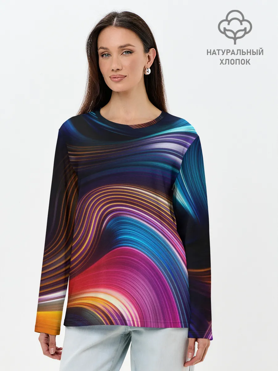 Лонгслив женский. Хлопок / Цветные неоновые волны