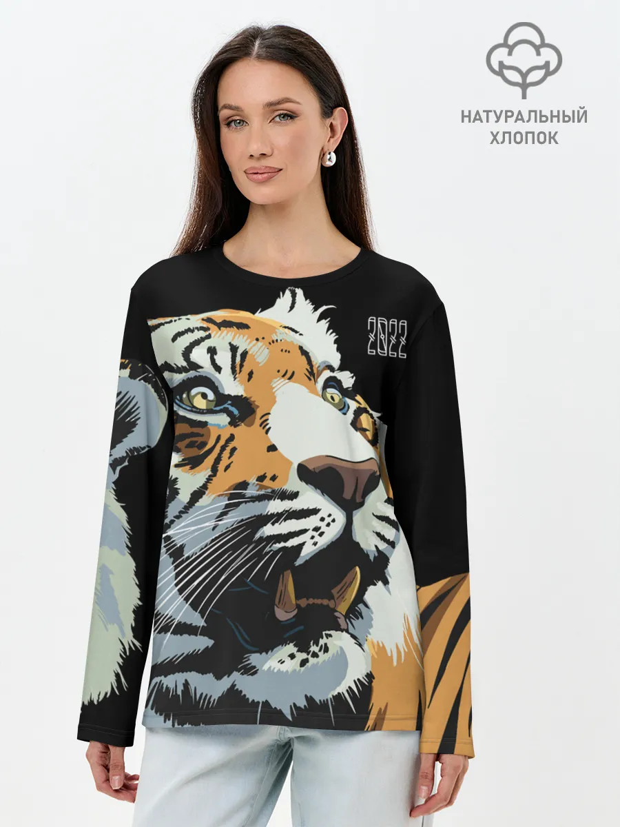 Лонгслив женский. Хлопок / Тигр перед атакой