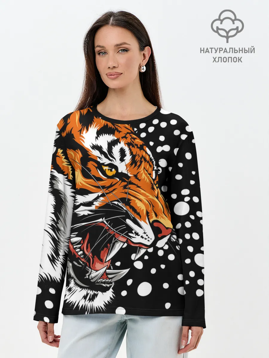Лонгслив женский. Хлопок / Амурский тигр и снегопад