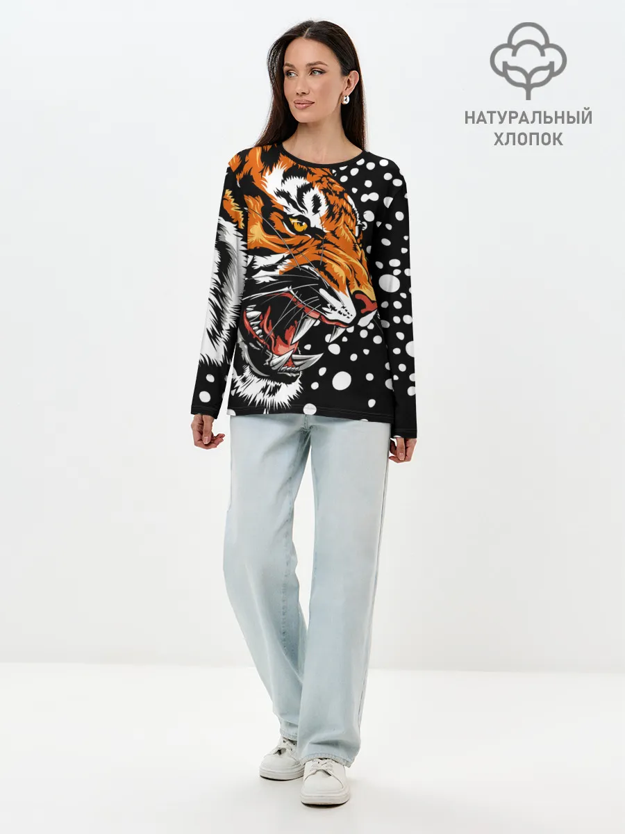 Лонгслив женский. Хлопок / Амурский тигр и снегопад