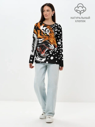 Лонгслив женский. Хлопок / Амурский тигр и снегопад