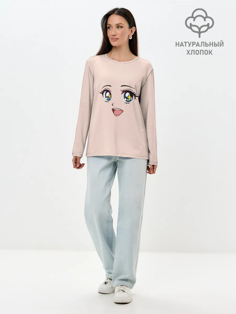Лонгслив женский. Хлопок / милое аниме лицо