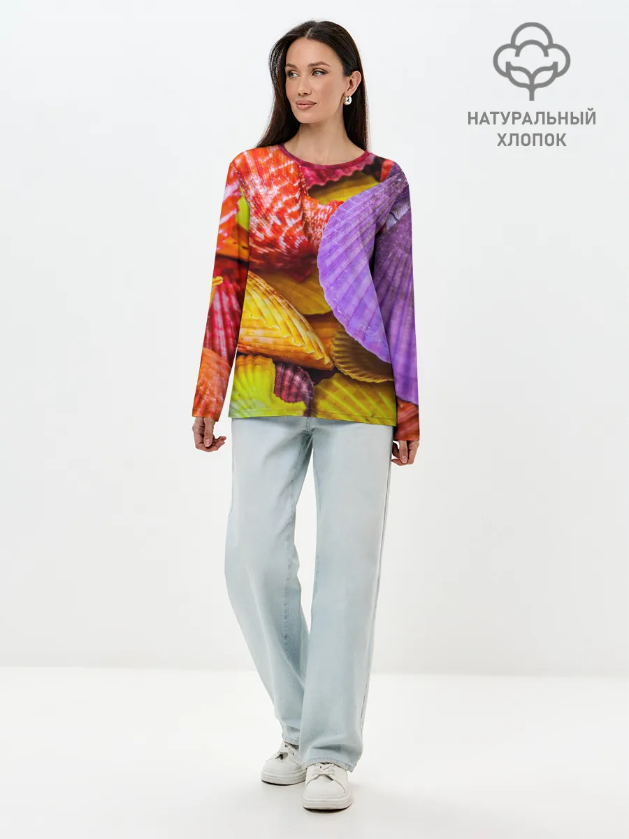 Лонгслив женский. Хлопок / Разноцветные ракушки multicolored seashells