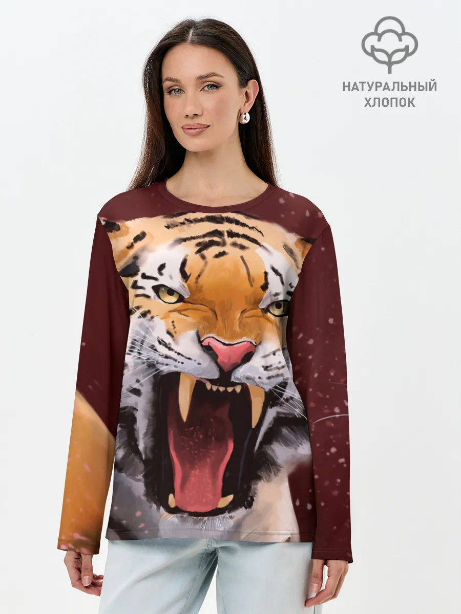 Лонгслив женский. Хлопок / Тигр красавчик сердится