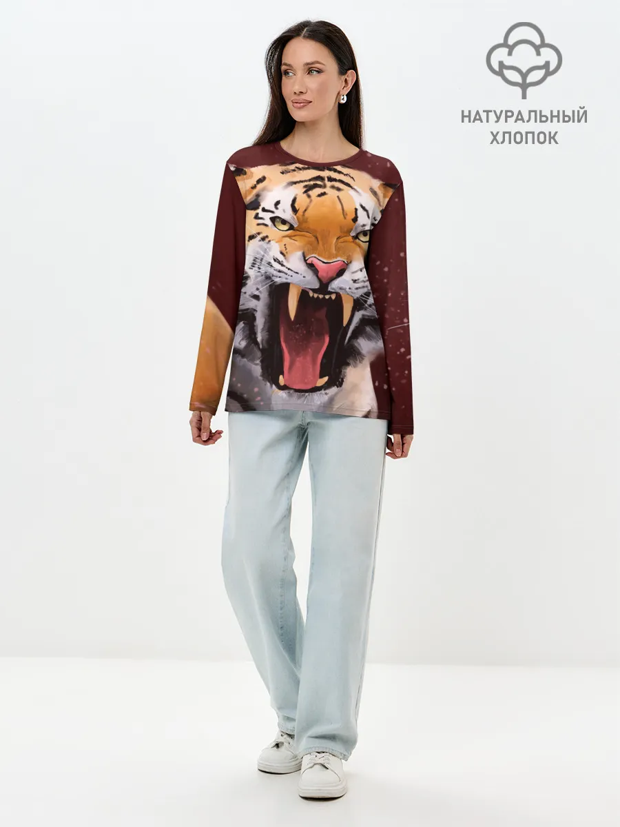 Лонгслив женский. Хлопок / Тигр красавчик сердится